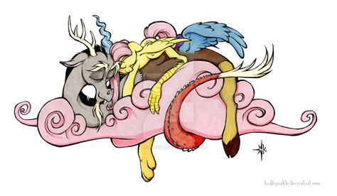 discord and fluttershy cloud cuddle by halfsparkle on