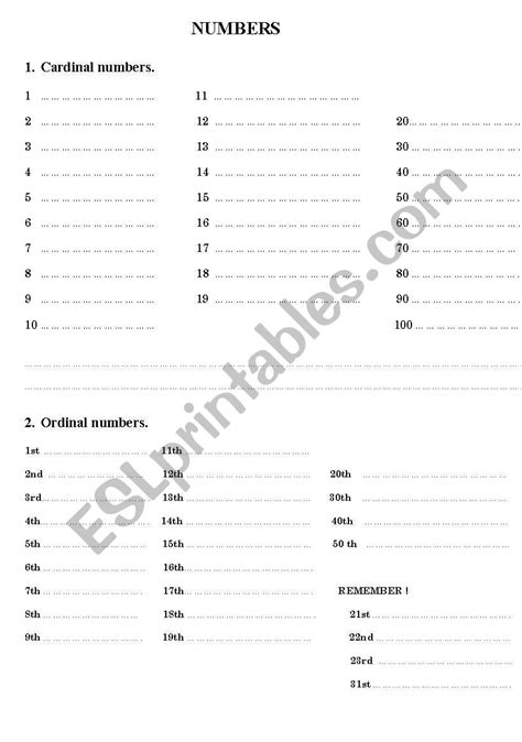 english worksheets cardinal and ordinal numbers