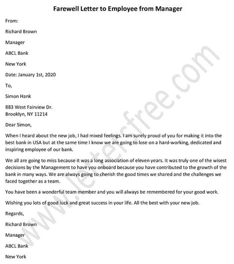 Sample Farewell Letter To Employee From Manager Farewell Letter To