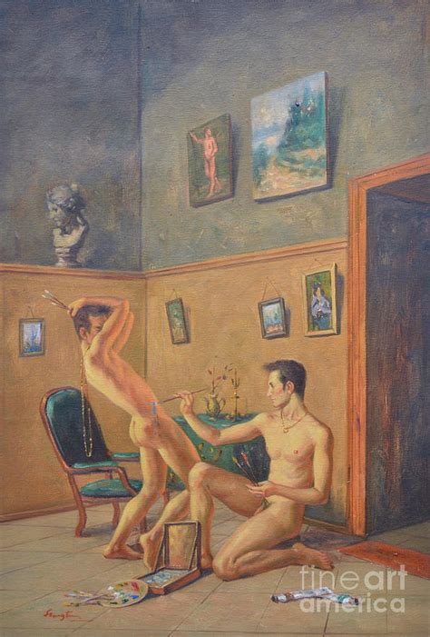 Original Classic Oil Painting Gay Male Nude Man Body Art