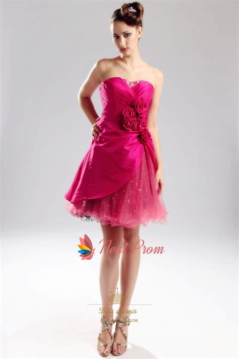 Hot Pink Taffeta Prom Dress Strapless Sweetheart Holiday