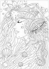 Coloring Pages Water Adults Worlds Fishes Sea Jellyfish Seas Adult Creature Woman Surrounded Captivating Hippocampes Stars Little sketch template