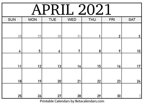 April 2021 Calendar Blank Printable Monthly Calendars