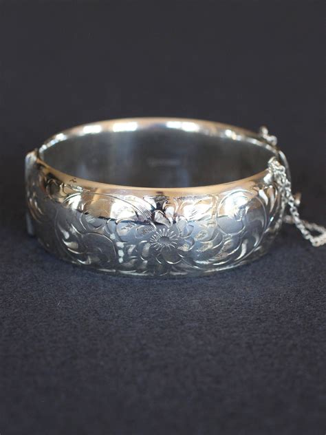 large sterling silver bangle bracelet vintage birks swirling vine  floral engraved wide cuff