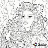 Coloring Hair Girl Women Woman Pages Flowers Beautiful Long Adults Girls Book Her Pretty Curly Printable Adult Recolor Crazy Drawing sketch template
