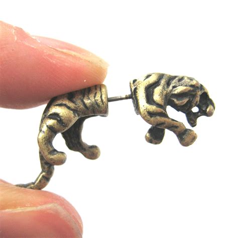 fake gauge realistic tiger cat animal stud earrings  bronze