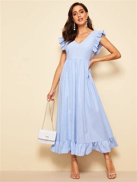 Double V Neck Ruffle Hem Fit And Flare Dress Shein Uk Casual Dresses