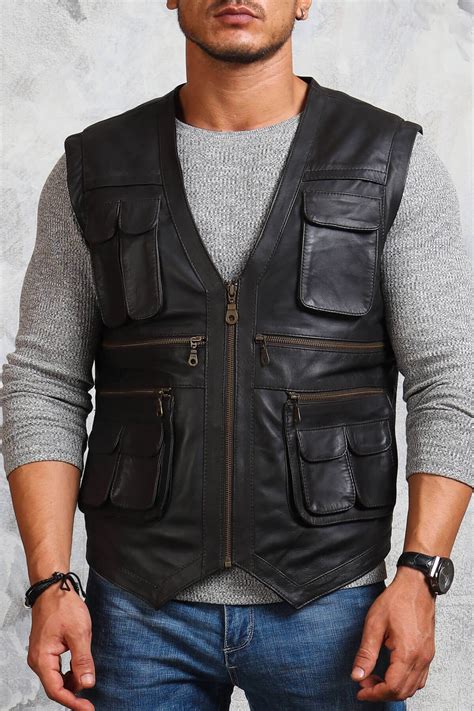 biker leather vest  men  cargo pockets black leather vest