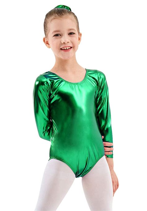 Kepblom Girls Shiny Metallic Long Sleeve Leotard Gymnastics Bodysuit