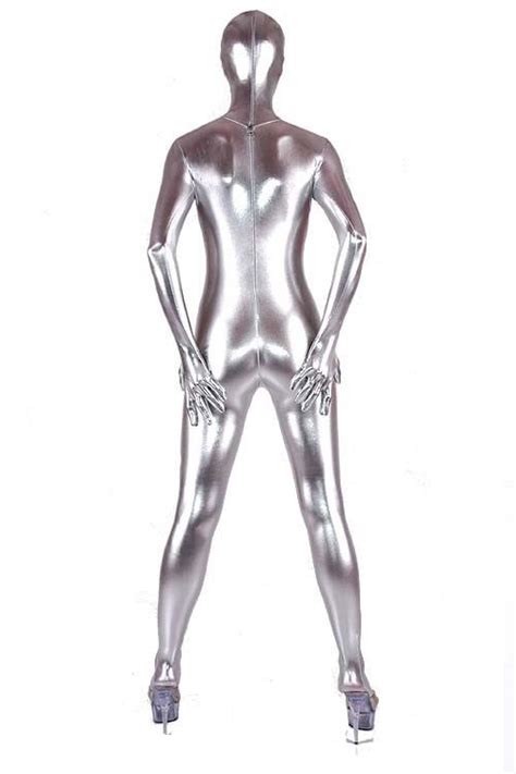 silver shiny metallic zentai fullbody zentai suit halloween party cosplay sexy costumes
