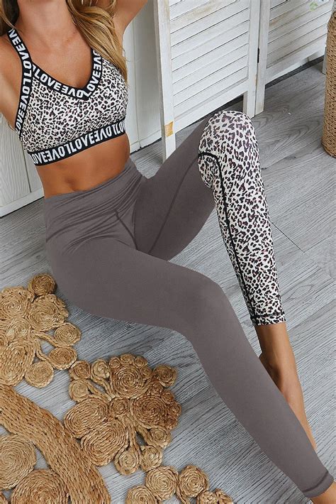 Gray Leopard Patchwork Sport Yoga Capris Pants Set High Waisted Yoga