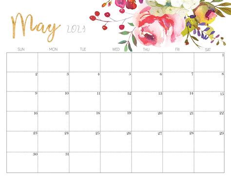 floral may 2021 calendar printable cute designs