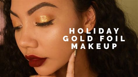 holiday party makeup tutorial gold foil red lip youtube
