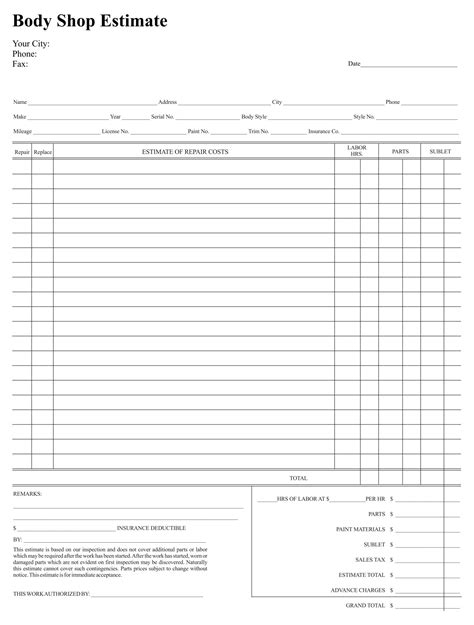 estimate forms printable printable templates