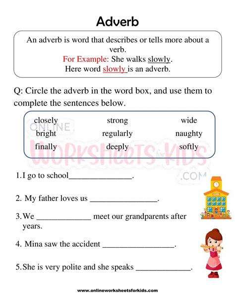 adverb worksheets  elementary school printable   learning
