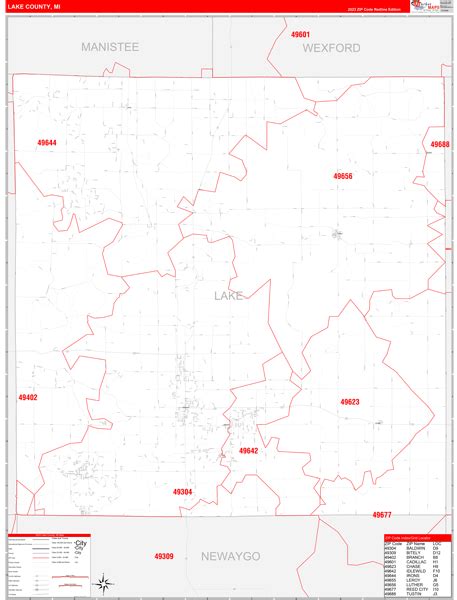 lake county mi zip code wall map red  style  marketmaps mapsales