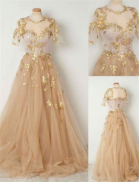 a line short sleeves champagne tulle prom dress gold lace