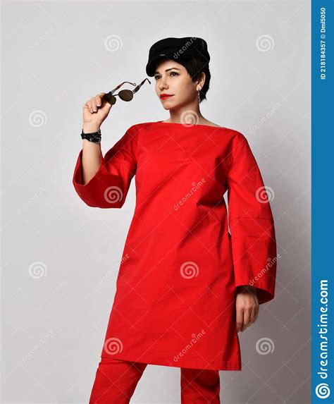 Adult Pretty Sensual Short Haired Brunette Woman In Stylish Casual Red