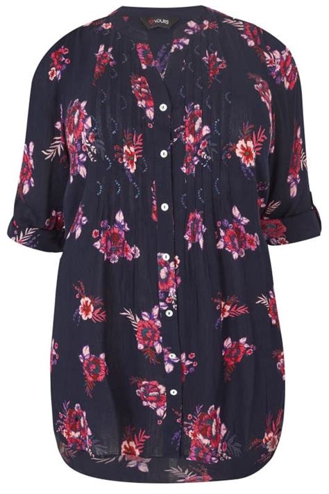 navy and pink floral pintuck longline blouse with beading