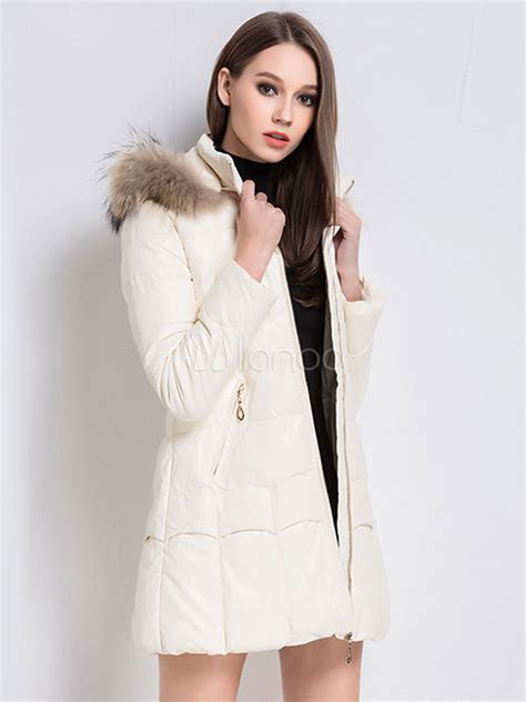 White Winter Coats Faux Fur Hooded Quilted Coat For Women
