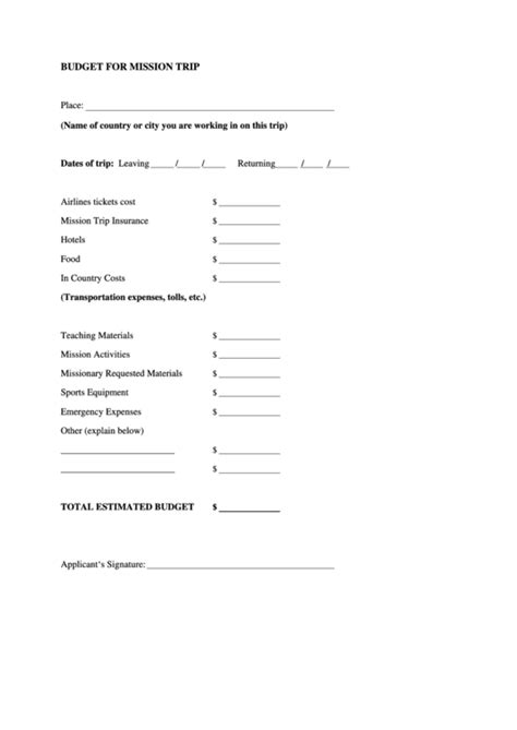 Mission Trip Budget Template printable pdf download
