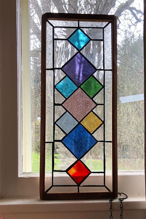 stained glass window hanging with hardwood frame etsy