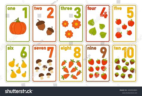printable numbers flashcards vegetables fruits preschool stock vector