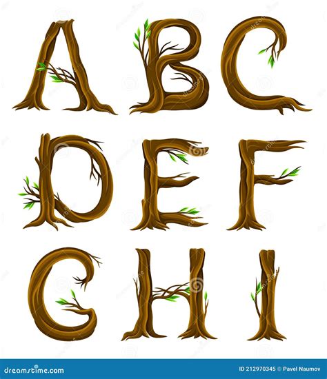 forest alphabet  letters arranged  tree trunks  branches vector set stock vector