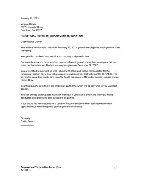 employment termination letter template  word
