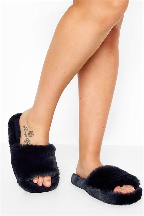 navy vegan faux fur slippers  regular fit  clothing