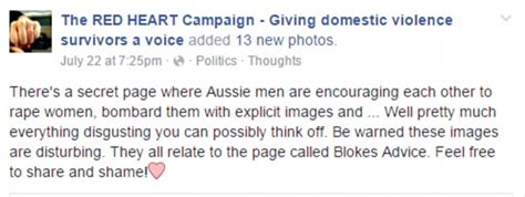 blokes advice facebook group slammed by domestic violence service red heart campaign daily