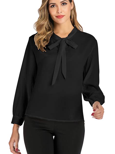 sayfut long sleeve casual chiffon blouse top womens bow tie neck office shirt plain chiffon