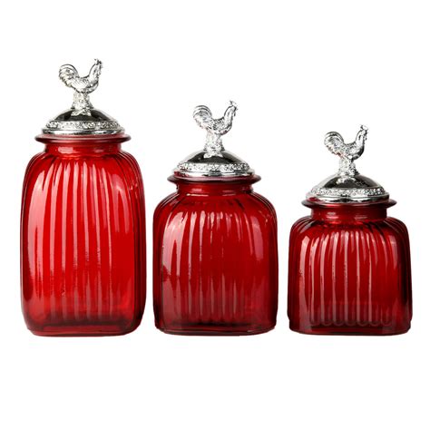 red glass canister  rooster lid set    home