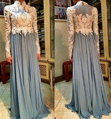 Chiffon Lace Long Sleeves Evening Dress Sheath High Neck Prom Party