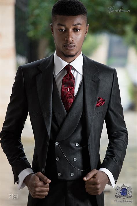 Black Suit With Red Pinstripe Mario Moyano 2134 Italian Suit Wedding