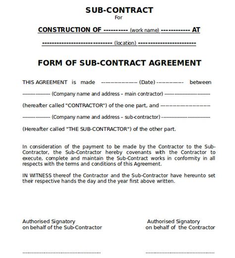 conditions of sub contract agreement in construction