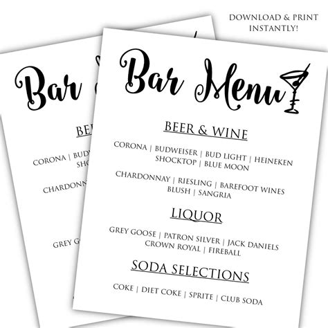 printable wedding bar menu printable blank world