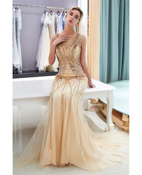 2019 Fitted Gold Mermaid Long Tulle Prom Dress With Sequins F013