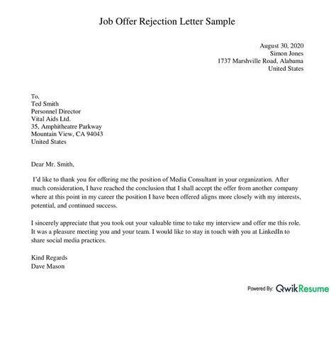 sample letter  decline job offer    letter template