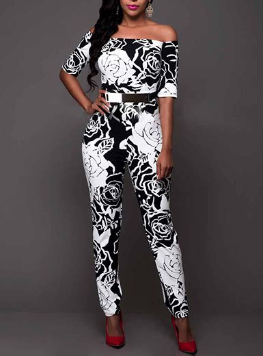 One Piece Jumpsuit Off Shoulder Black White Two Tone Roses