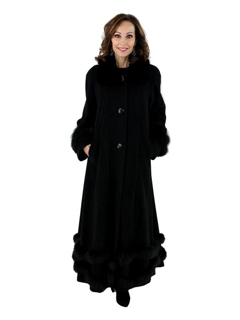 black wool coat  black fox fur trim womens wool coat medium estate furs