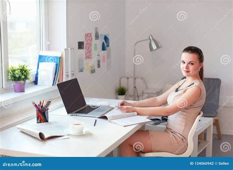 beautiful business woman working   desk  headset  laptop stock photo image