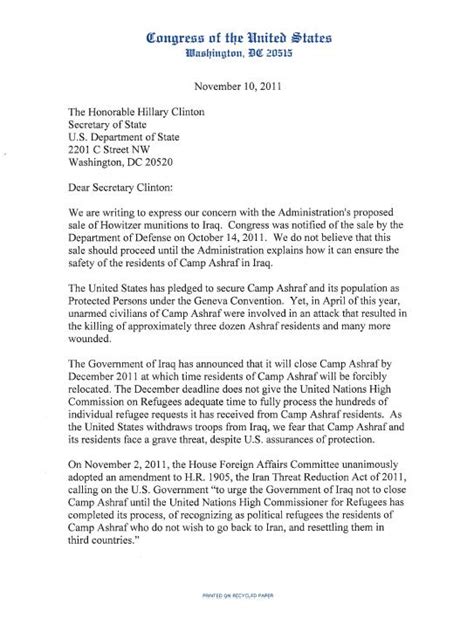 Letter To Hillary Clinton Secretary Of State U S Department Of State