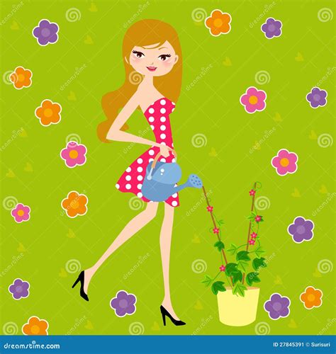 Pretty Girl Watering The Flower Stock Vector Illustration Of Cheerful