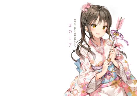 Download 2355x1654 Anime Girl Kimono Smiling Brown Hair