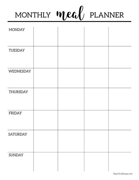 Printable Monthly Meal Plan Template Printable Templates