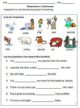 prepositions worksheets  grade   rituparna reddi tpt