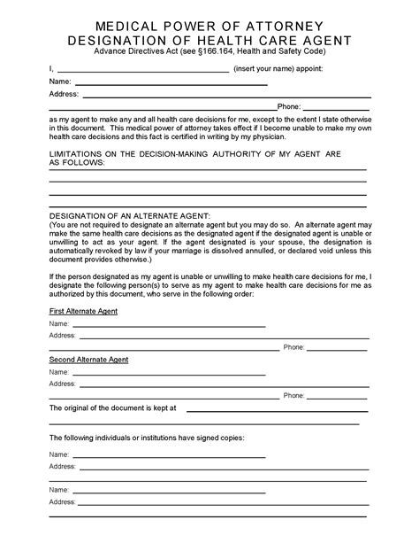 texas medical power  attorney   printable legal forms