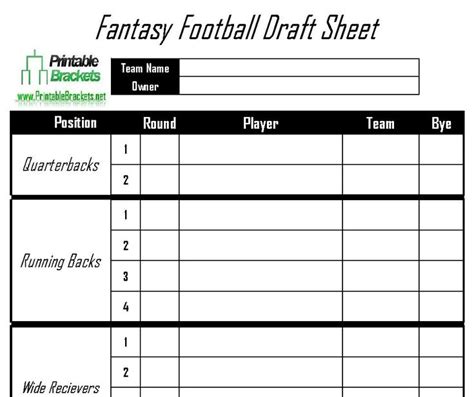 fantasy football draft sheet printable fantasy football draft sheet