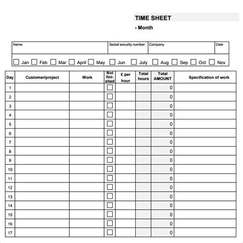 Timesheet Template Free Printable Database